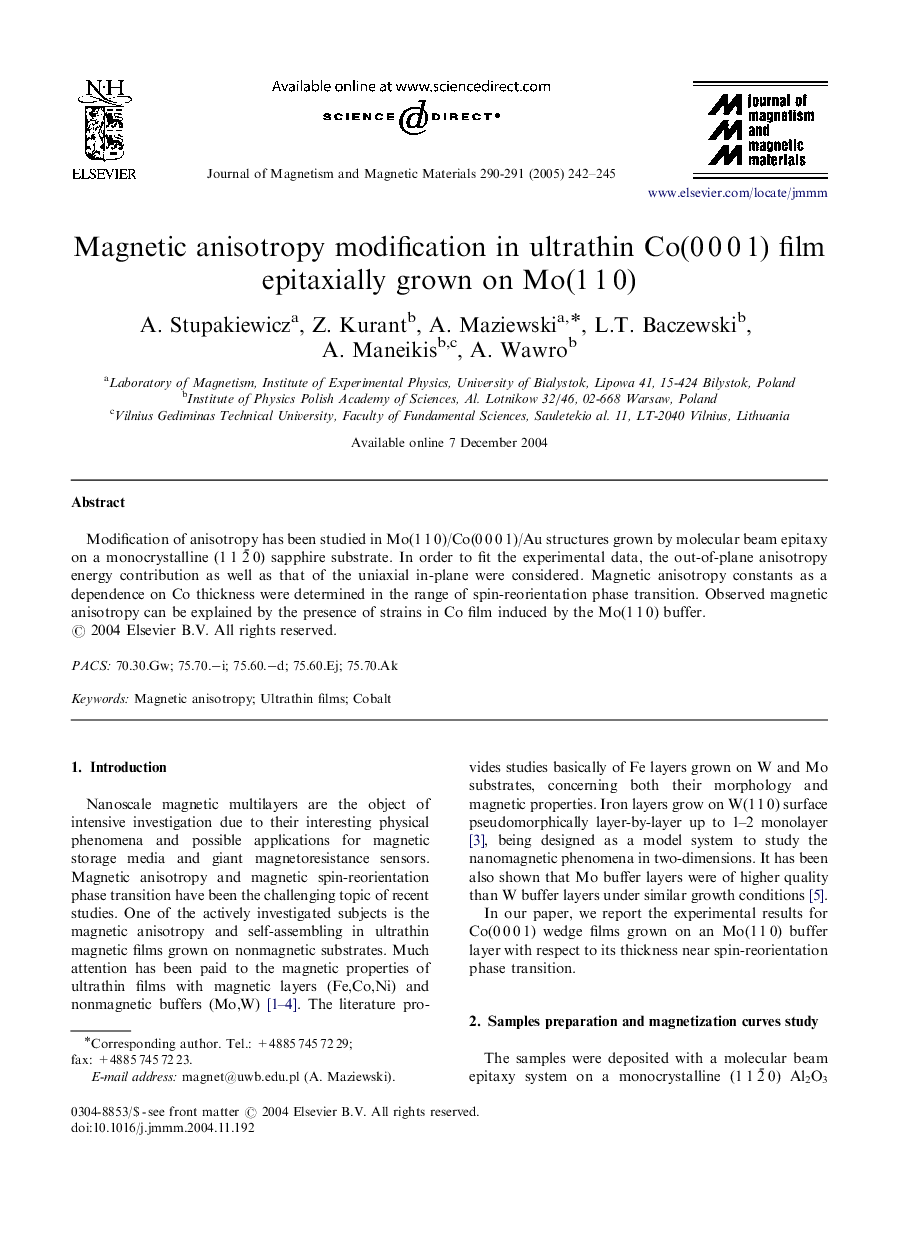 Magnetic anisotropy modification in ultrathin Co(0Â 0Â 0Â 1) film epitaxially grown on Mo(1Â 1Â 0)