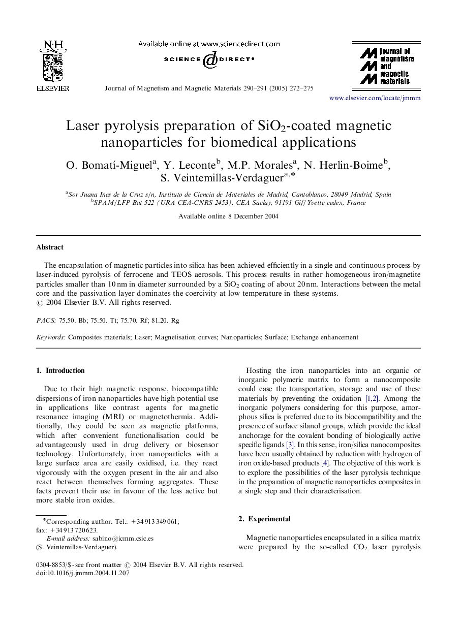 Laser pyrolysis preparation of SiO2-coated magnetic nanoparticles for biomedical applications