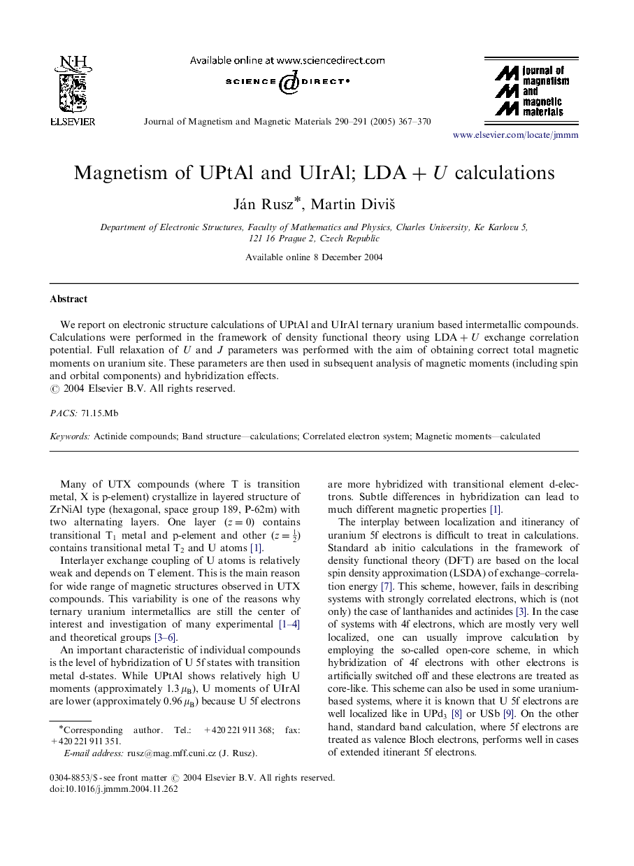 Magnetism of UPtAl and UIrAl; LDA+U calculations