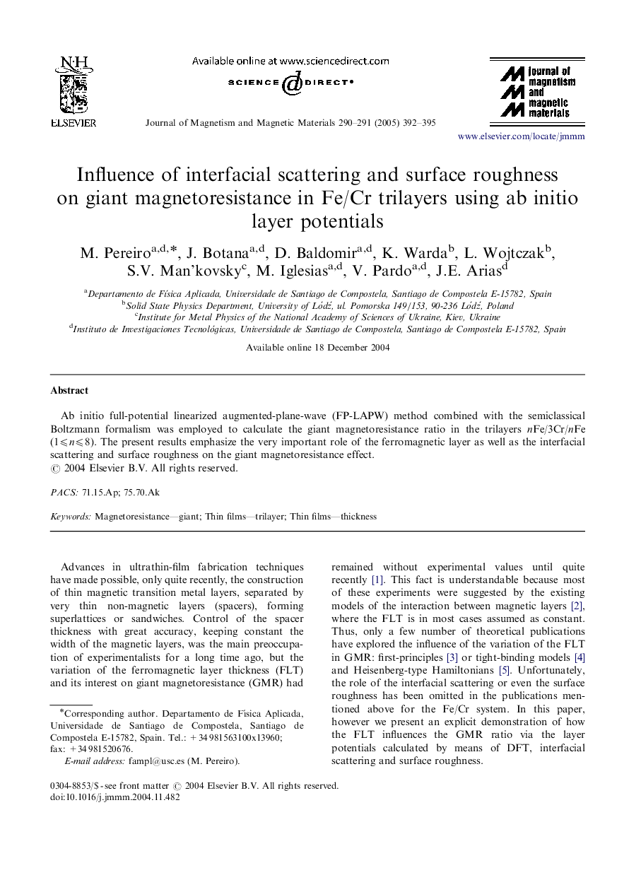 Influence of interfacial scattering and surface roughness on giant magnetoresistance in Fe/Cr trilayers using ab initio layer potentials