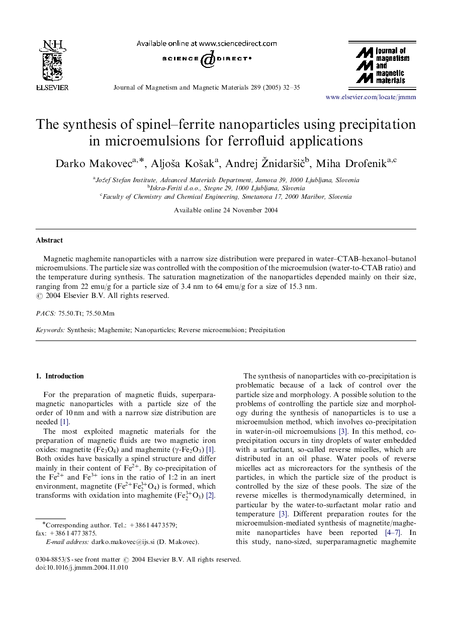 The synthesis of spinel-ferrite nanoparticles using precipitation in microemulsions for ferrofluid applications