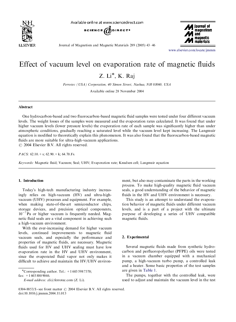 Effect of vacuum level on evaporation rate of magnetic fluids