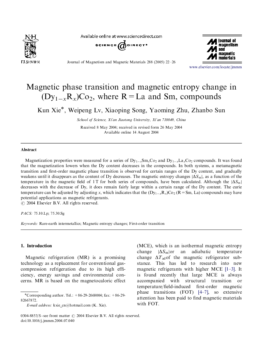 Magnetic phase transition and magnetic entropy change in (Dy1âxRx)Co2, where R=La and Sm, compounds