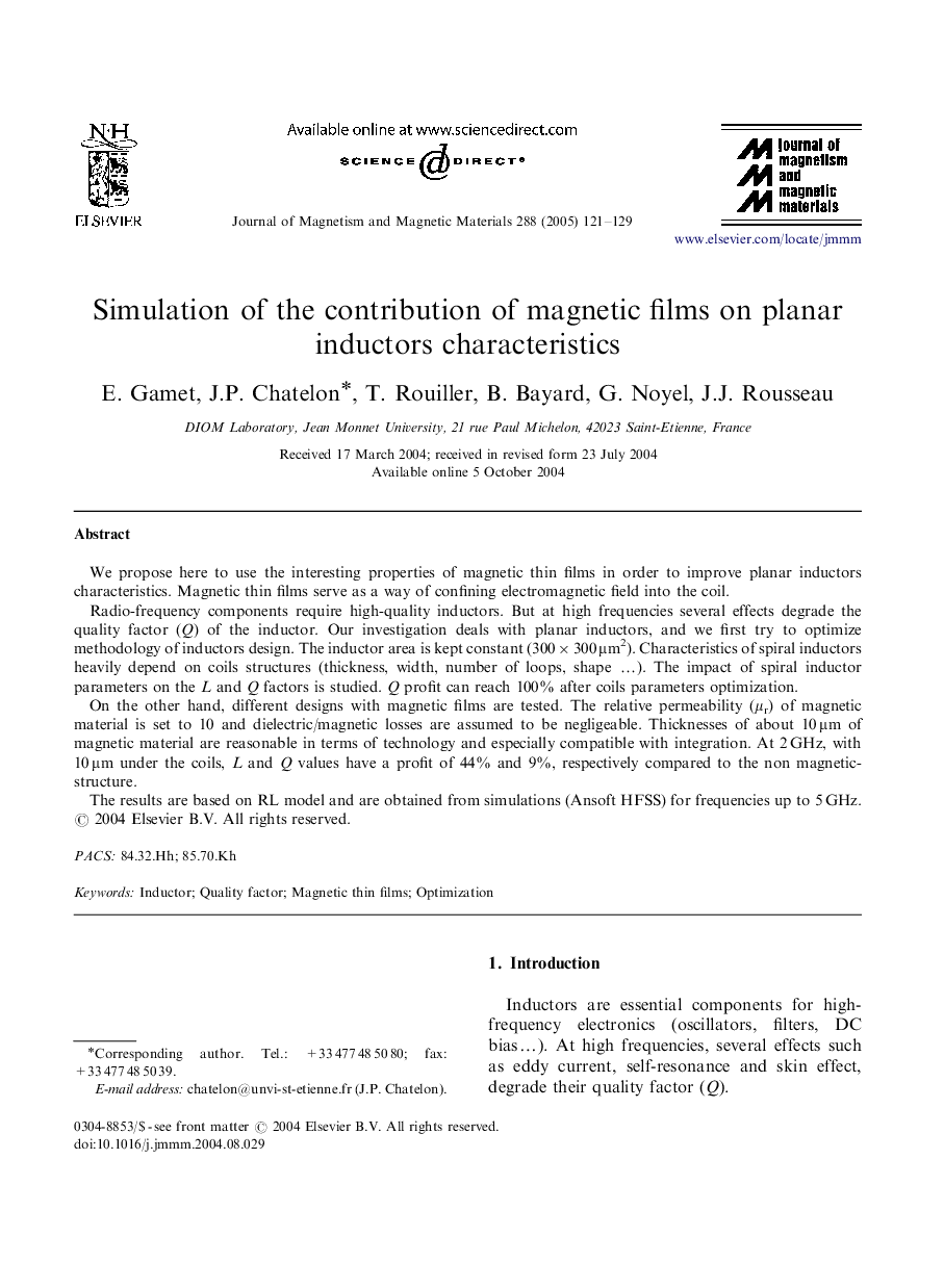 Simulation of the contribution of magnetic films on planar inductors characteristics