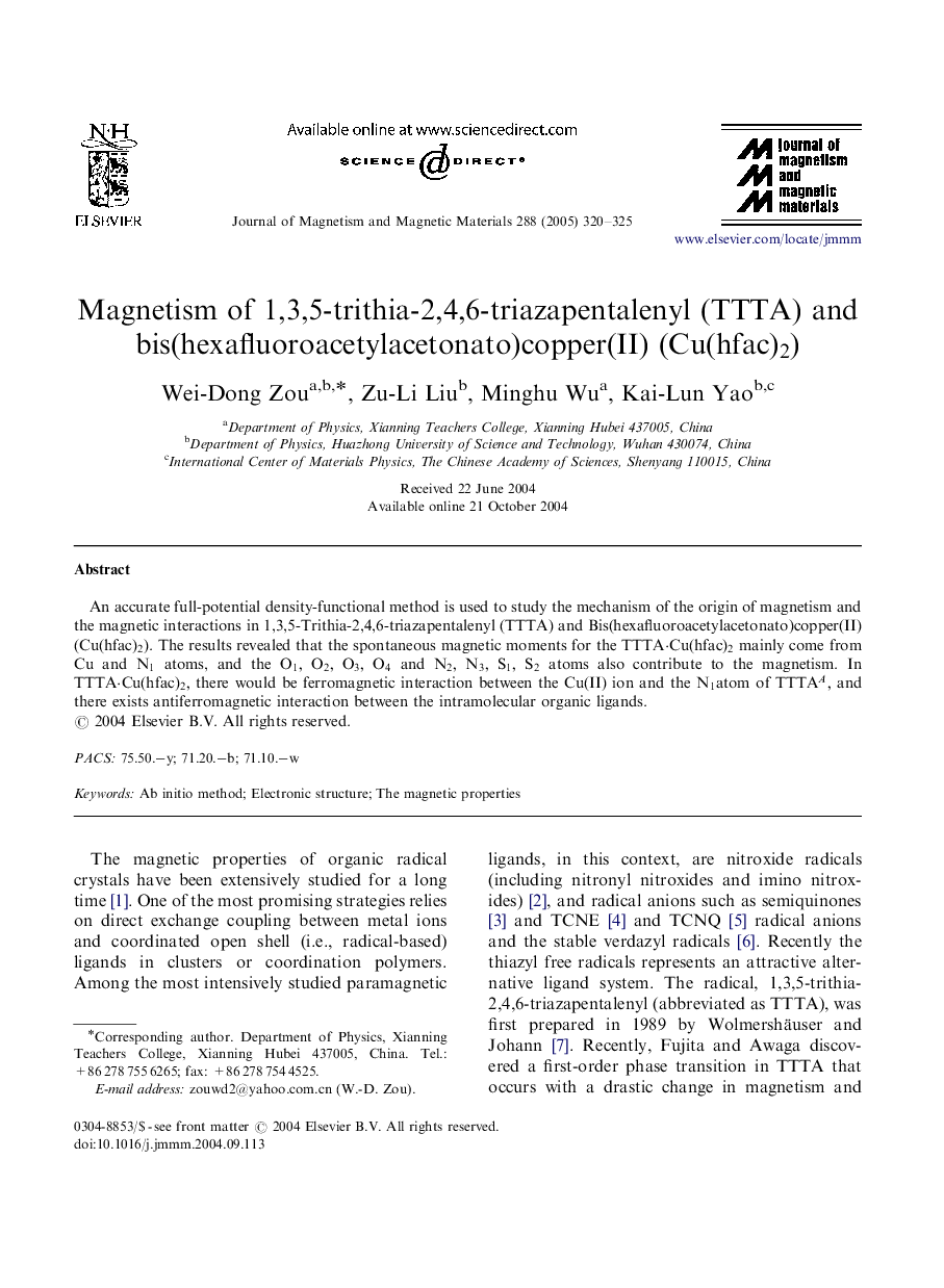 Magnetism of 1,3,5-trithia-2,4,6-triazapentalenyl (TTTA) and bis(hexafluoroacetylacetonato)copper(II) (Cu(hfac)2)