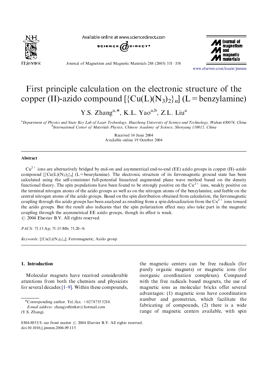 First principle calculation on the electronic structure of the copper (II)-azido compound [{Cu(L)(N3)2}n] (L=benzylamine)