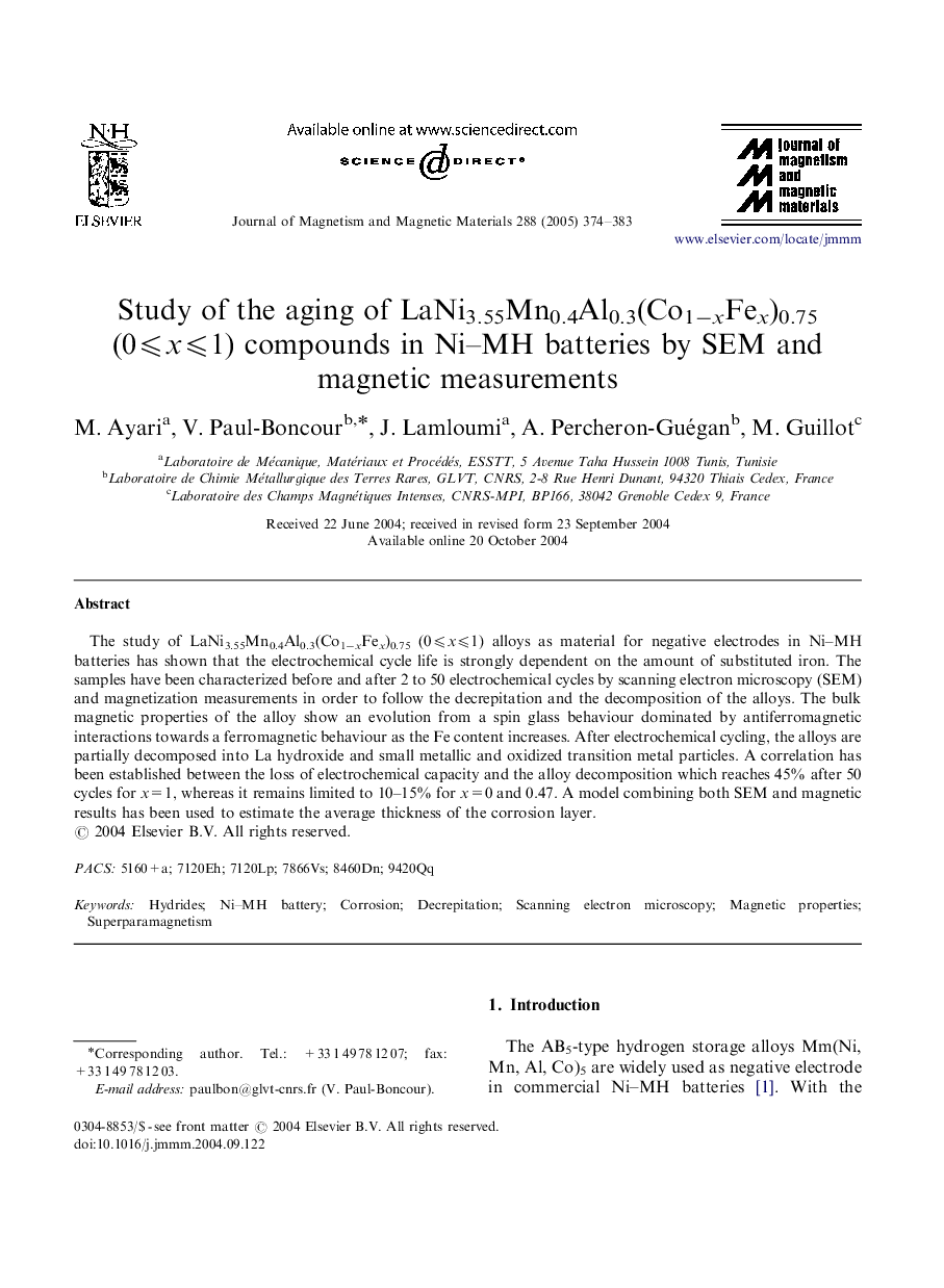 Study of the aging of LaNi3.55Mn0.4Al0.3(Co1âxFex)0.75 (0â©½xâ©½1) compounds in Ni-MH batteries by SEM and magnetic measurements