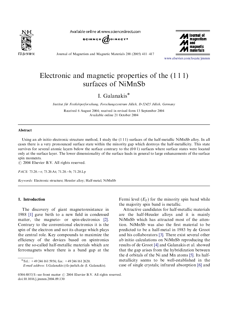 Electronic and magnetic properties of the (1Â 1Â 1) surfaces of NiMnSb