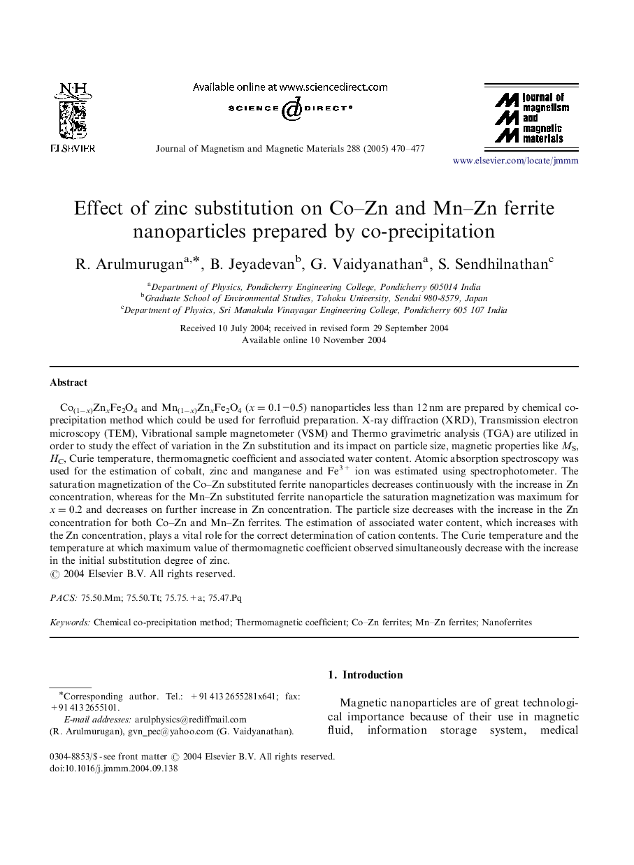 Effect of zinc substitution on Co-Zn and Mn-Zn ferrite nanoparticles prepared by co-precipitation