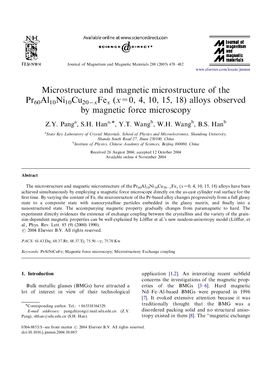 Microstructure and magnetic microstructure of the Pr60Al10Ni10Cu20âxFex (x=0, 4, 10, 15, 18) alloys observed by magnetic force microscopy