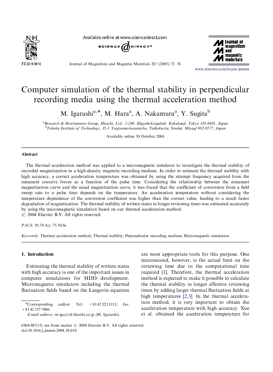 Computer simulation of the thermal stability in perpendicular recording media using the thermal acceleration method