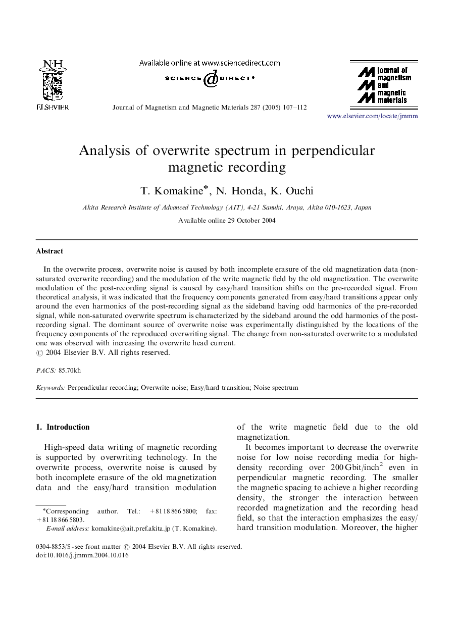 Analysis of overwrite spectrum in perpendicular magnetic recording