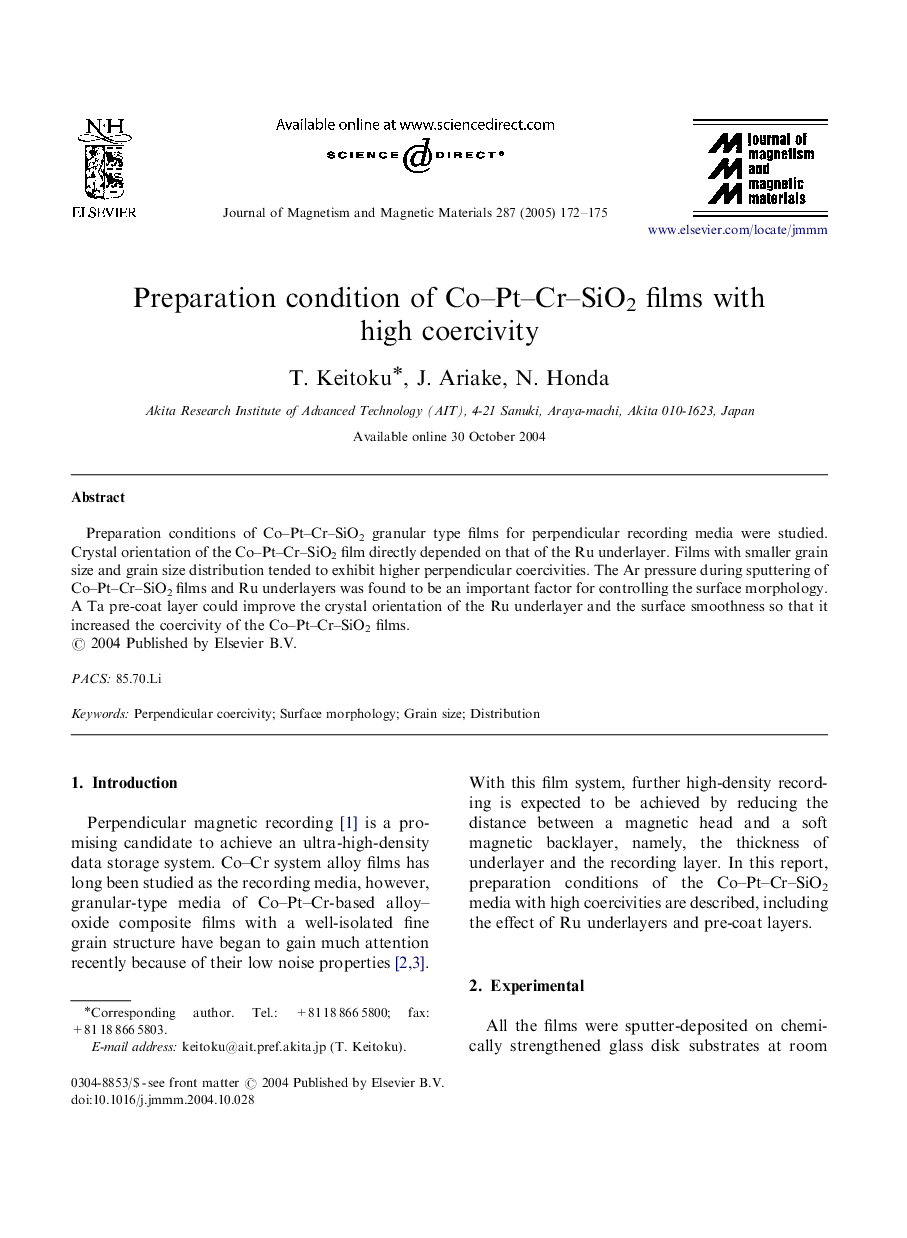 Preparation condition of Co-Pt-Cr-SiO2 films with high coercivity