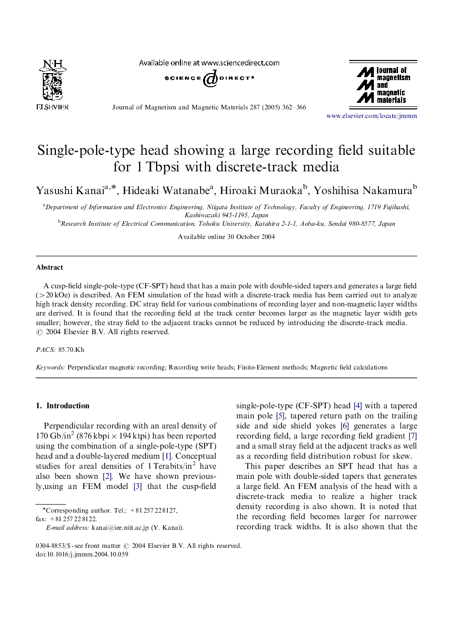 Single-pole-type head showing a large recording field suitable for 1Â Tbpsi with discrete-track media