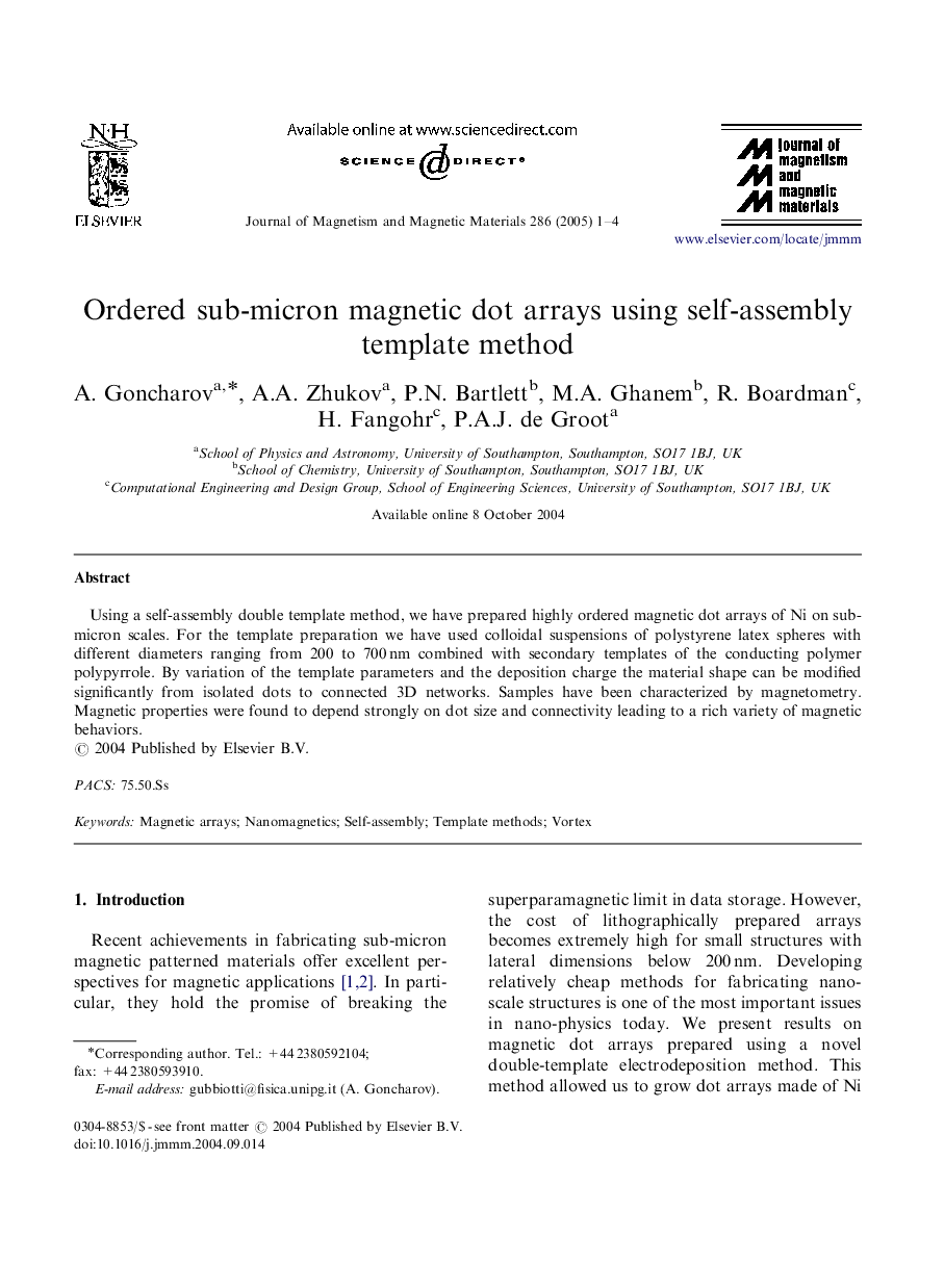 Ordered sub-micron magnetic dot arrays using self-assembly template method