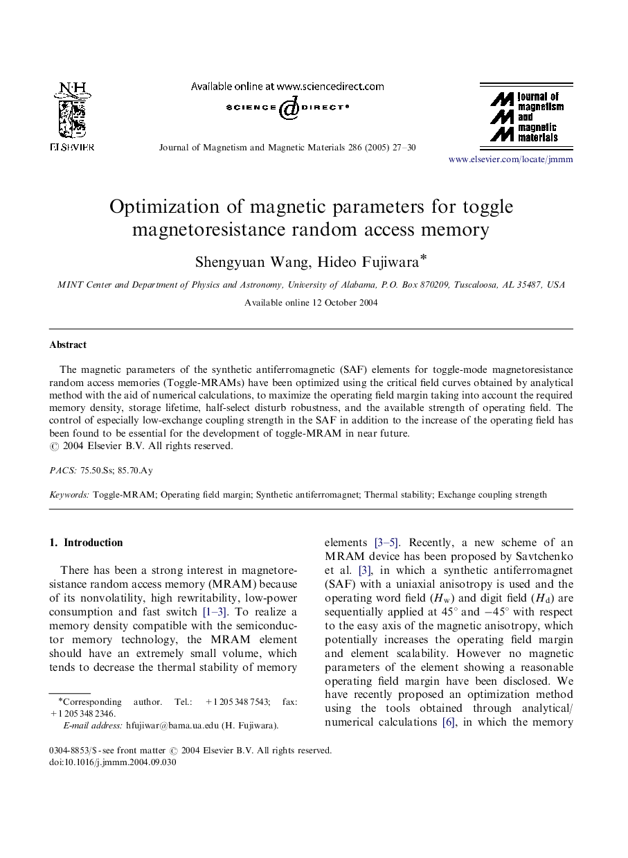 Optimization of magnetic parameters for toggle magnetoresistance random access memory