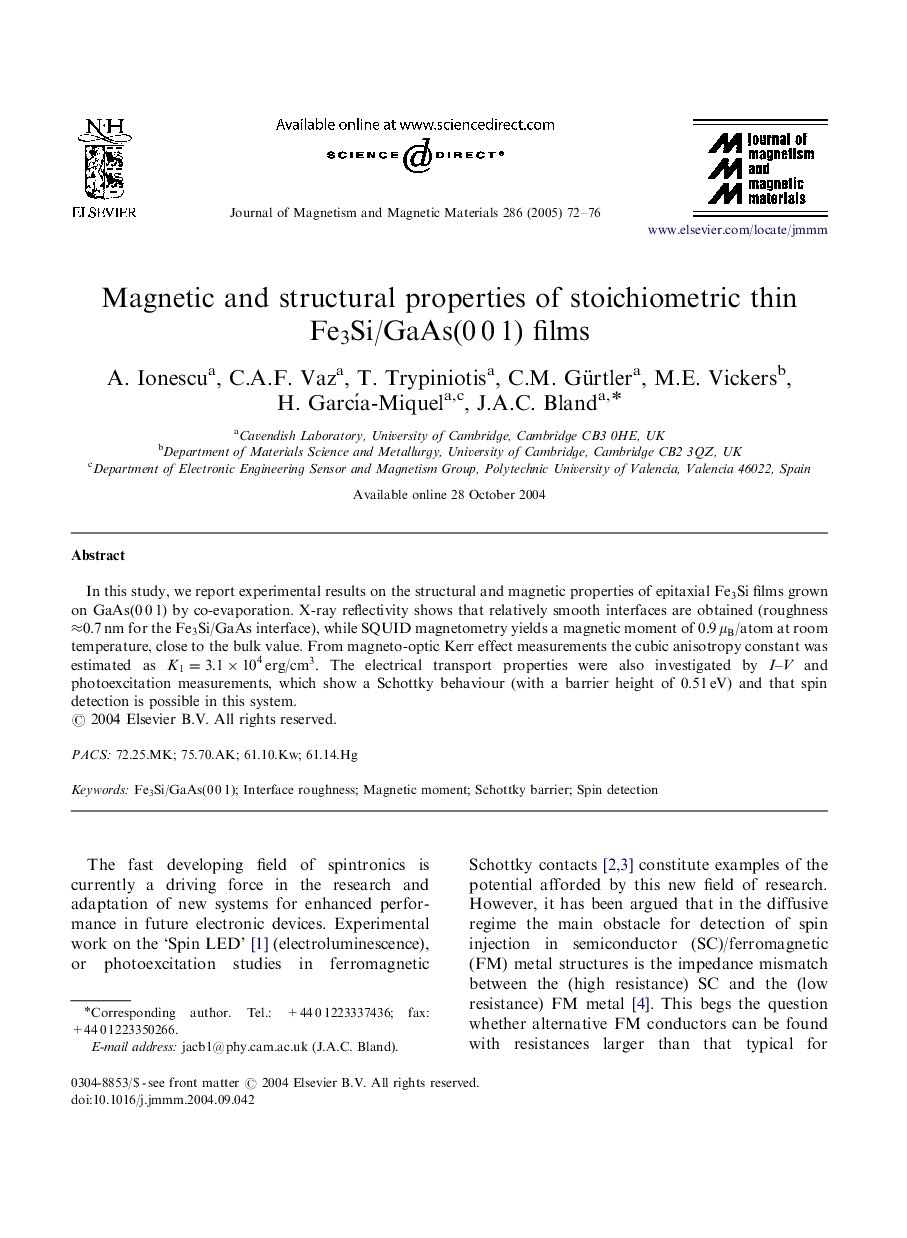 Magnetic and structural properties of stoichiometric thin Fe3Si/GaAs(0Â 0Â 1) films