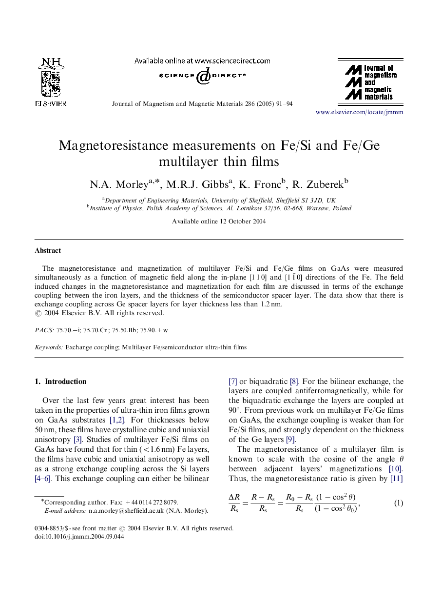 Magnetoresistance measurements on Fe/Si and Fe/Ge multilayer thin films