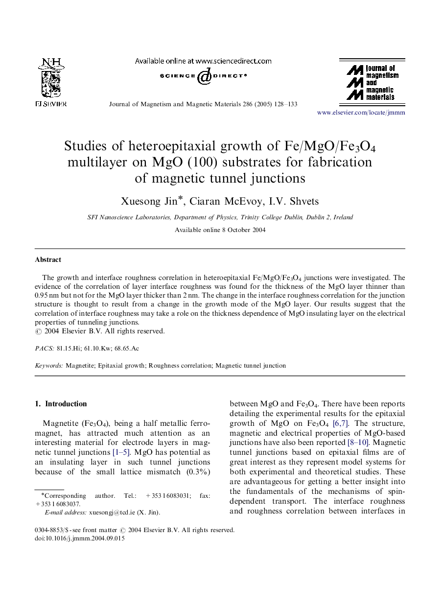 Studies of heteroepitaxial growth of Fe/MgO/Fe3O4 multilayer on MgO (100) substrates for fabrication of magnetic tunnel junctions