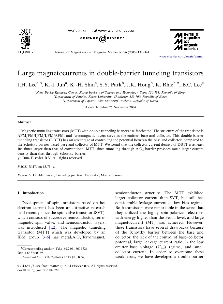 عکس صفحه اول مقاله: Large magnetocurrents in double-barrier tunneling transistors Large magnetocurrents in double-barrier tunneling transistors