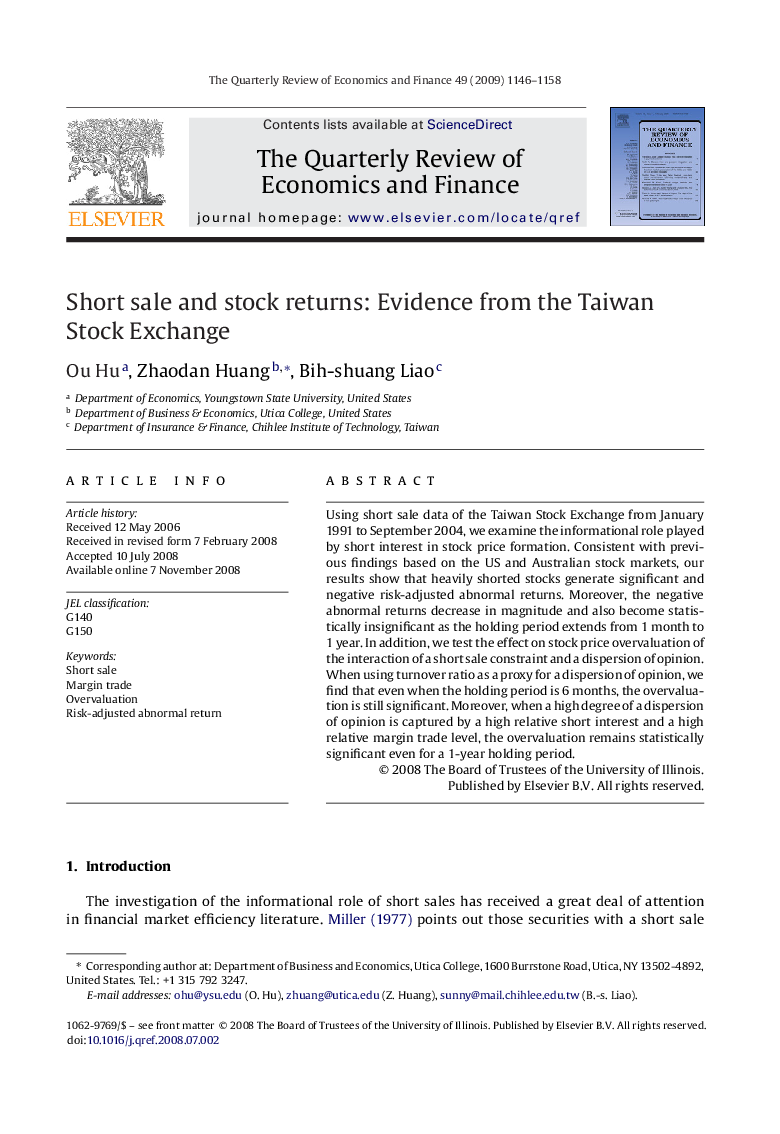 Short sale and stock returns: Evidence from the Taiwan Stock Exchange