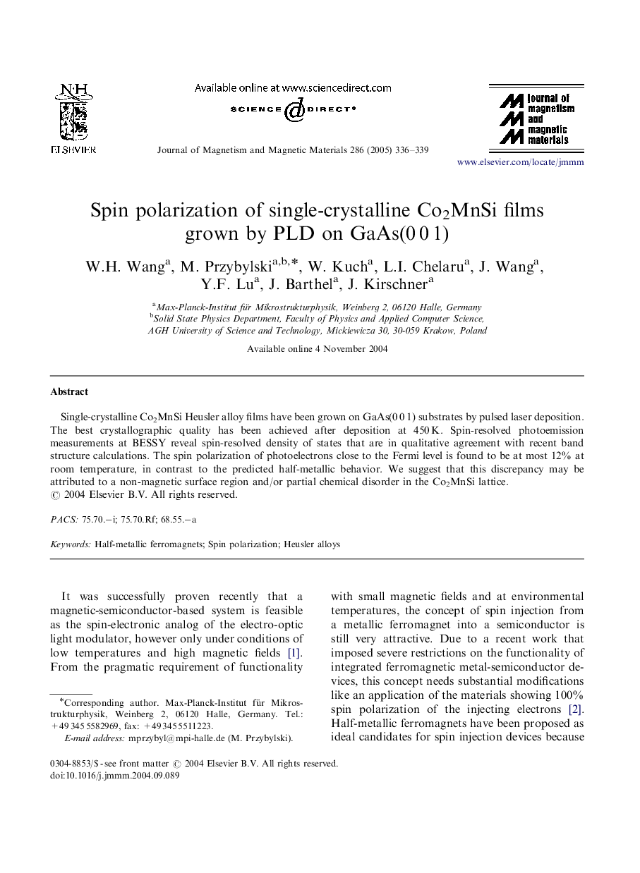 Spin polarization of single-crystalline Co2MnSi films grown by PLD on GaAs(0Â 0Â 1)