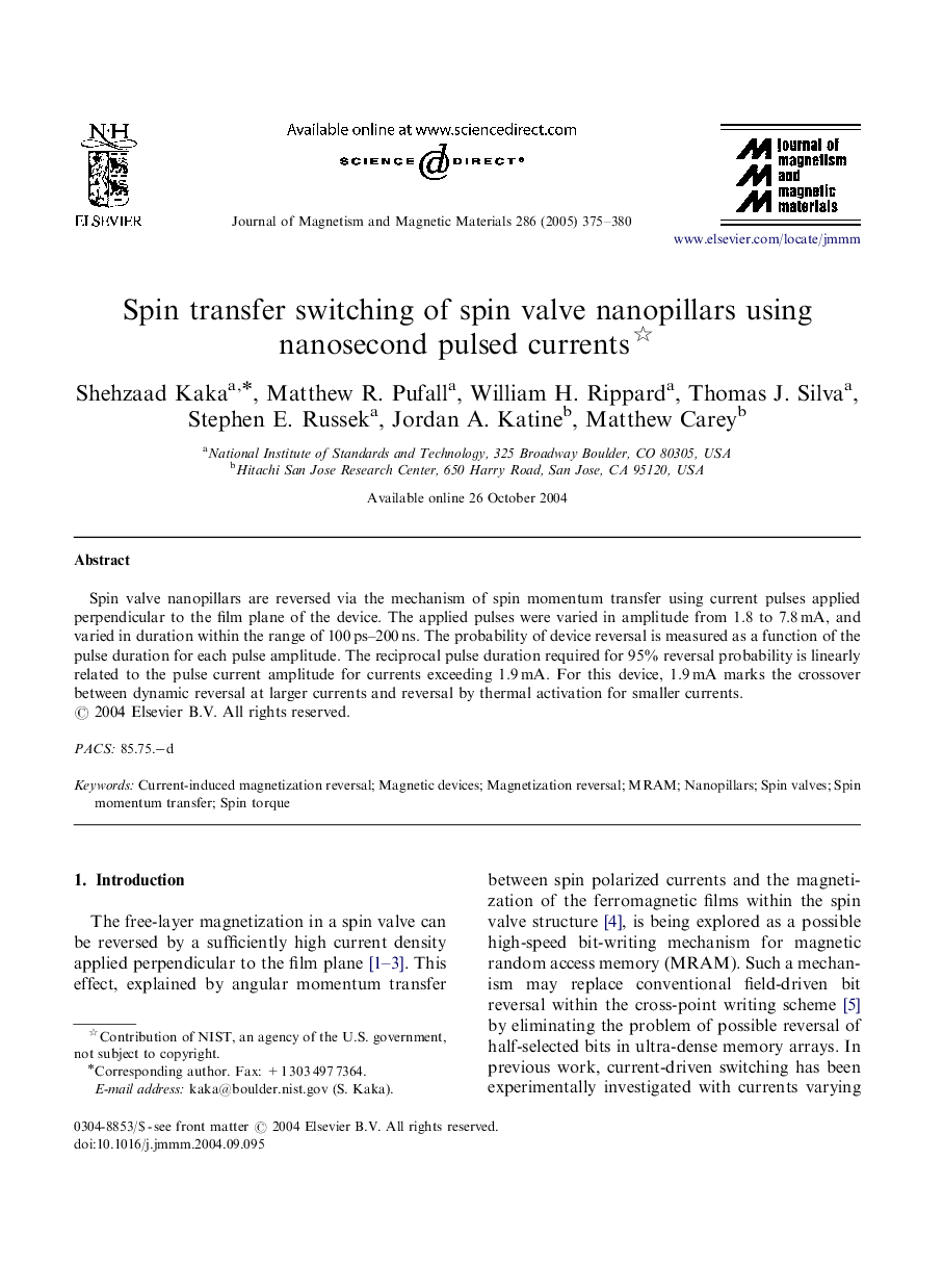 Spin transfer switching of spin valve nanopillars using nanosecond pulsed currents