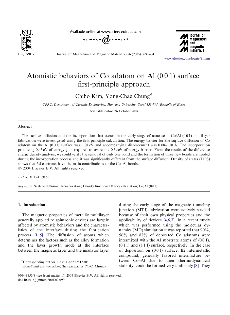 Atomistic behaviors of Co adatom on Al (0Â 0Â 1) surface: first-principle approach