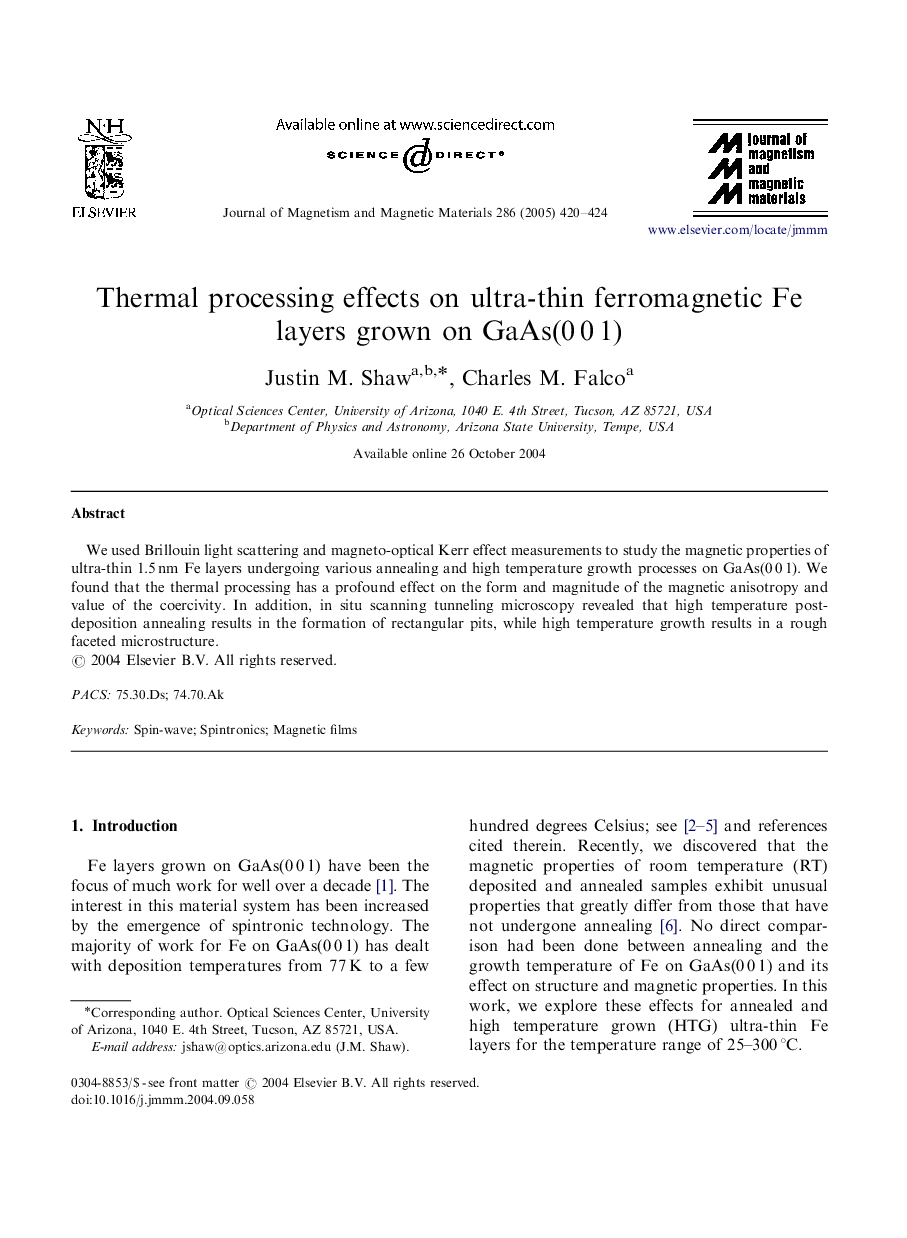 Thermal processing effects on ultra-thin ferromagnetic Fe layers grown on GaAs(0Â 0Â 1)