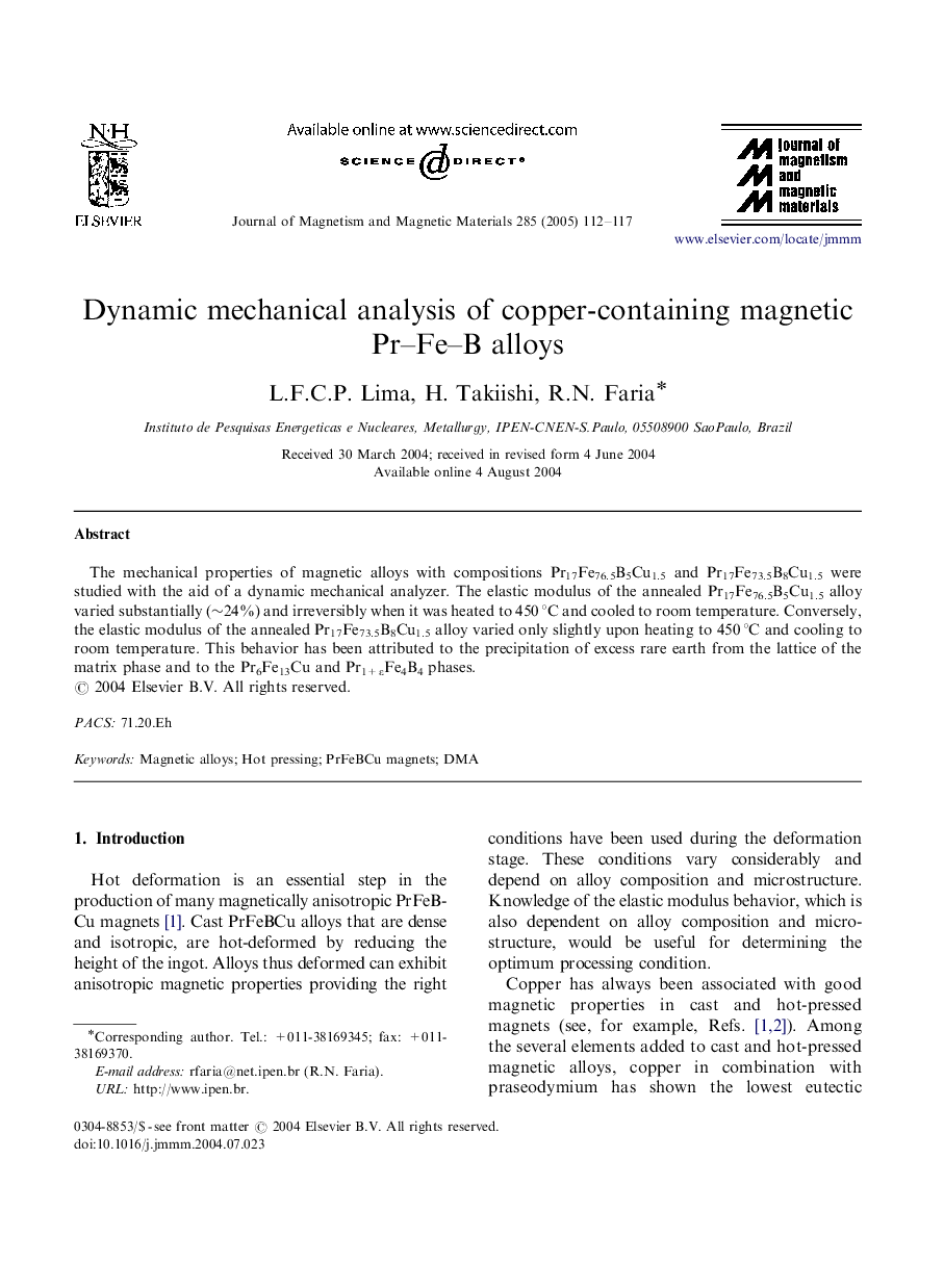 Dynamic mechanical analysis of copper-containing magnetic Pr-Fe-B alloys