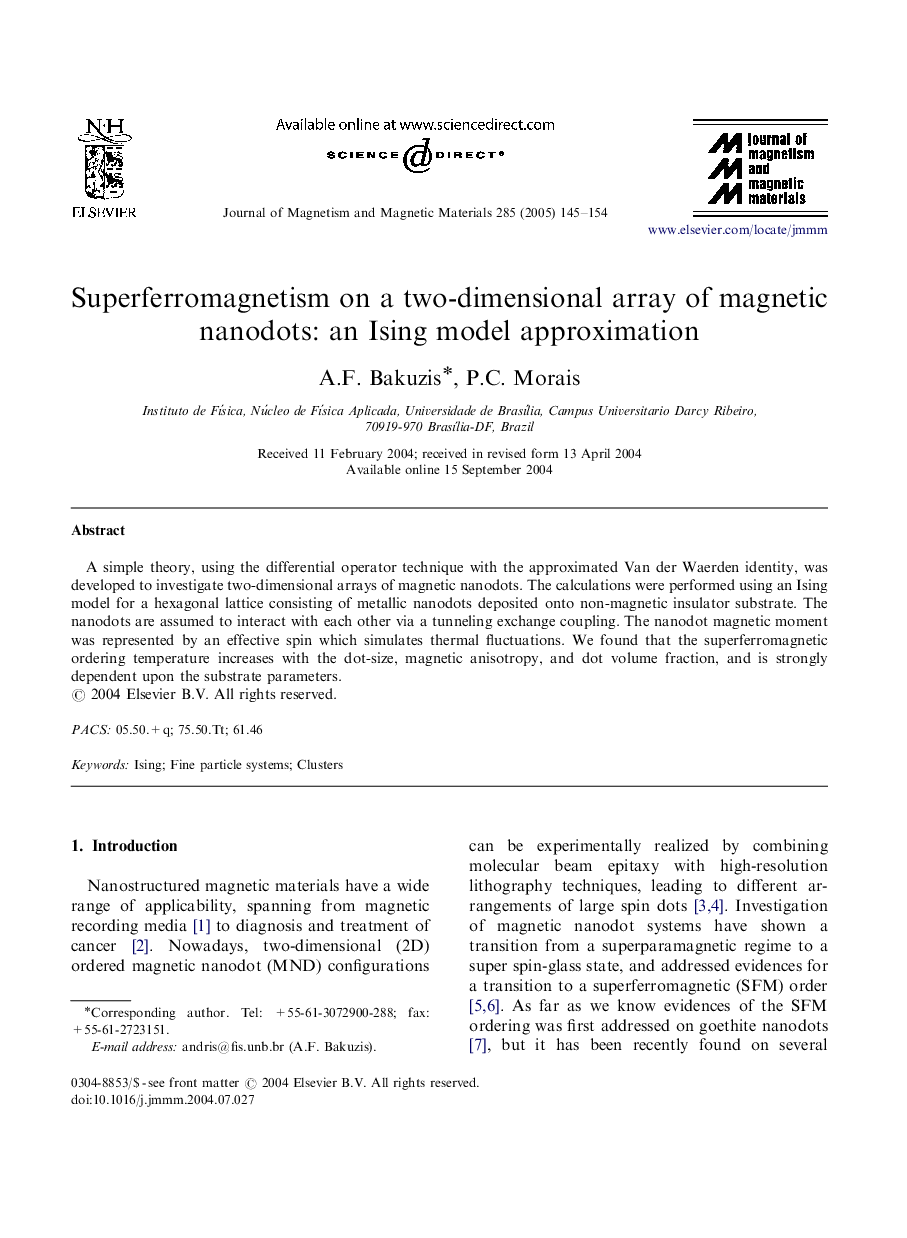 Superferromagnetism on a two-dimensional array of magnetic nanodots: an Ising model approximation