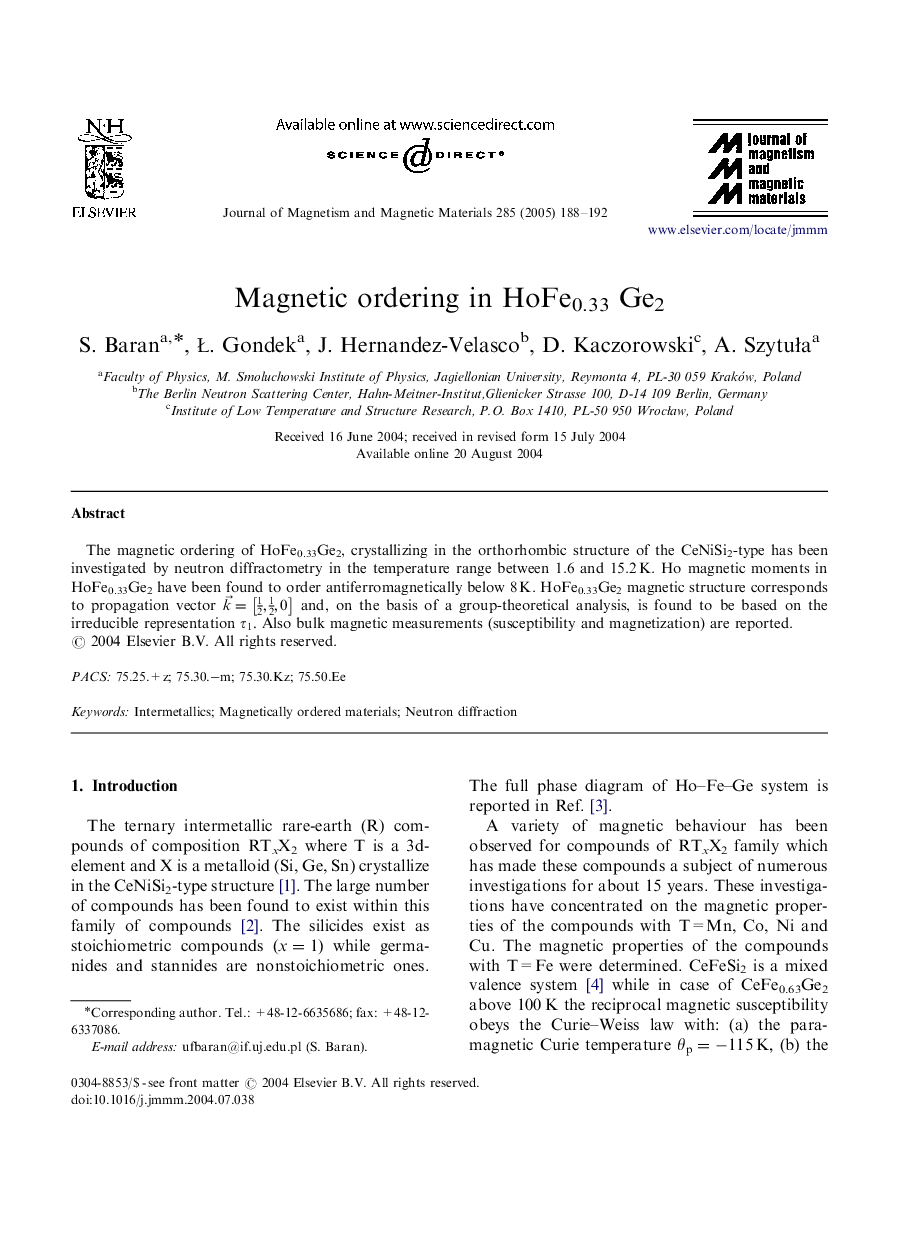 Magnetic ordering in HoFe0.33 Ge2