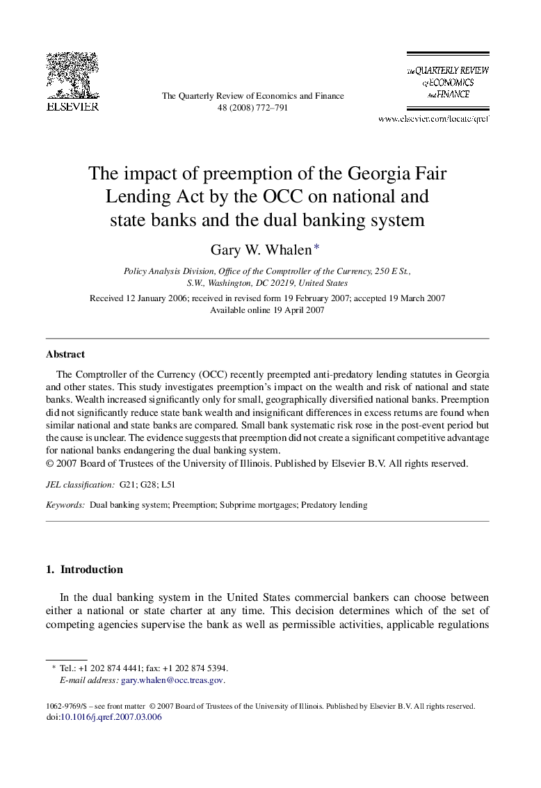 The impact of preemption of the Georgia Fair Lending Act by the OCC on national and state banks and the dual banking system