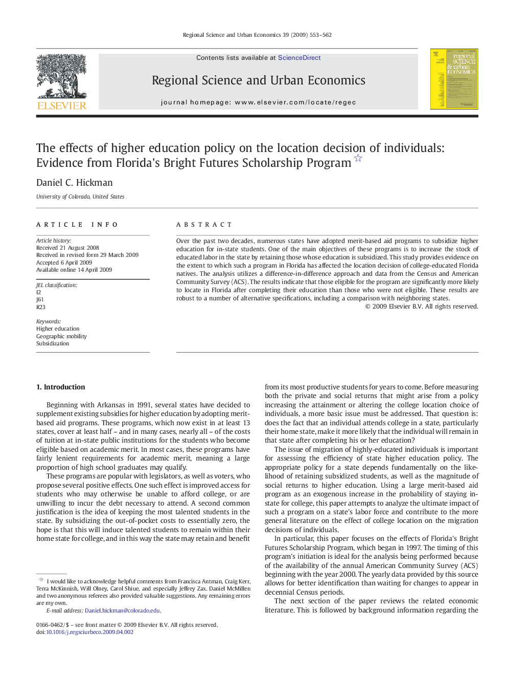 The effects of higher education policy on the location decision of individuals: Evidence from Florida's Bright Futures Scholarship Program 