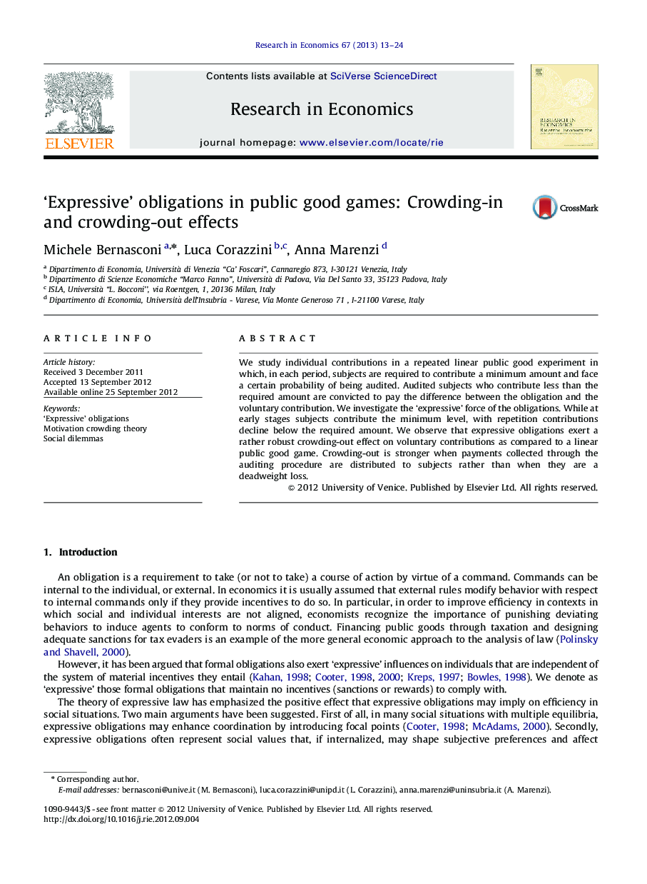 ‘Expressive’ obligations in public good games: Crowding-in and crowding-out effects