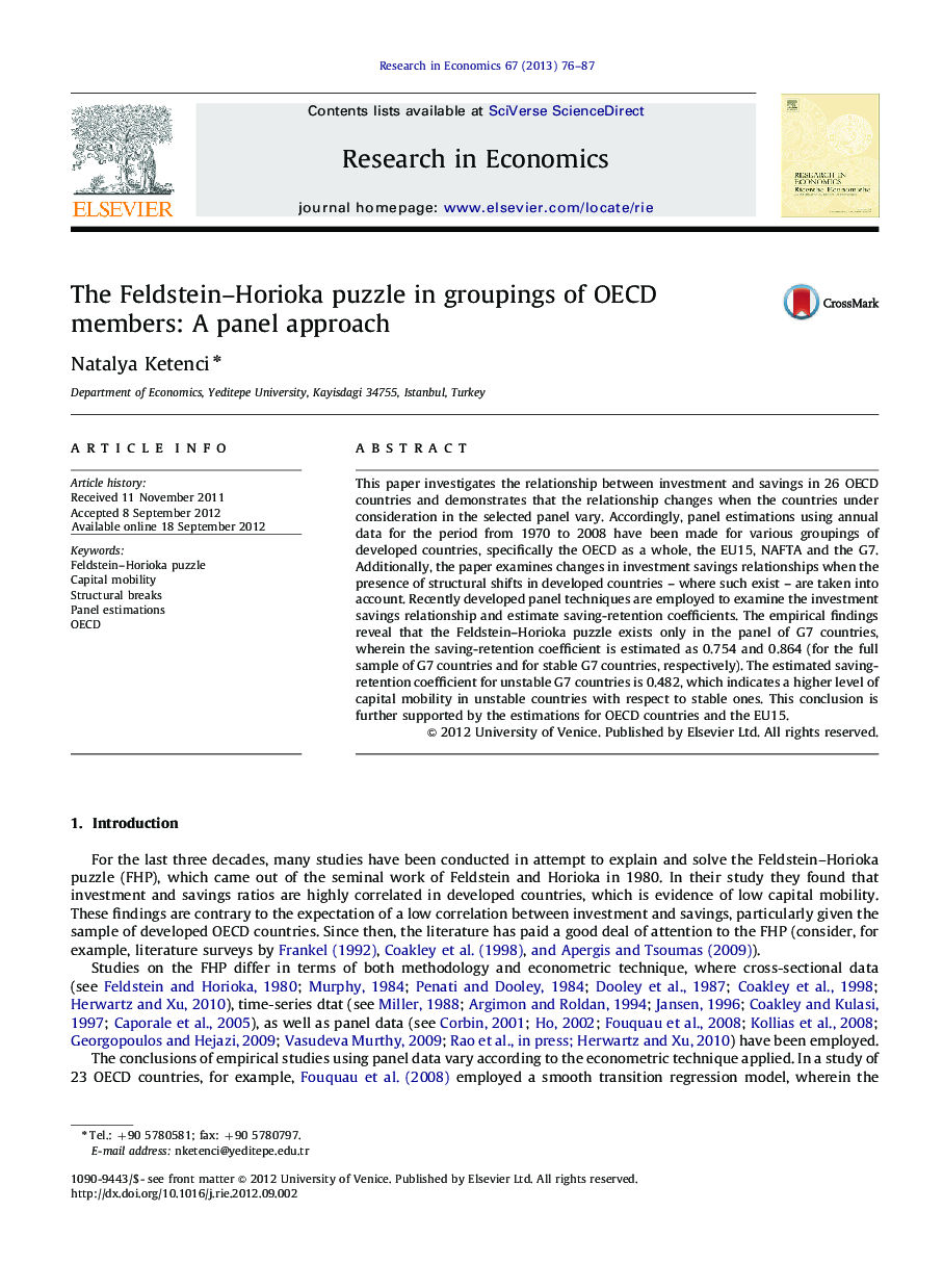 The Feldstein–Horioka puzzle in groupings of OECD members: A panel approach