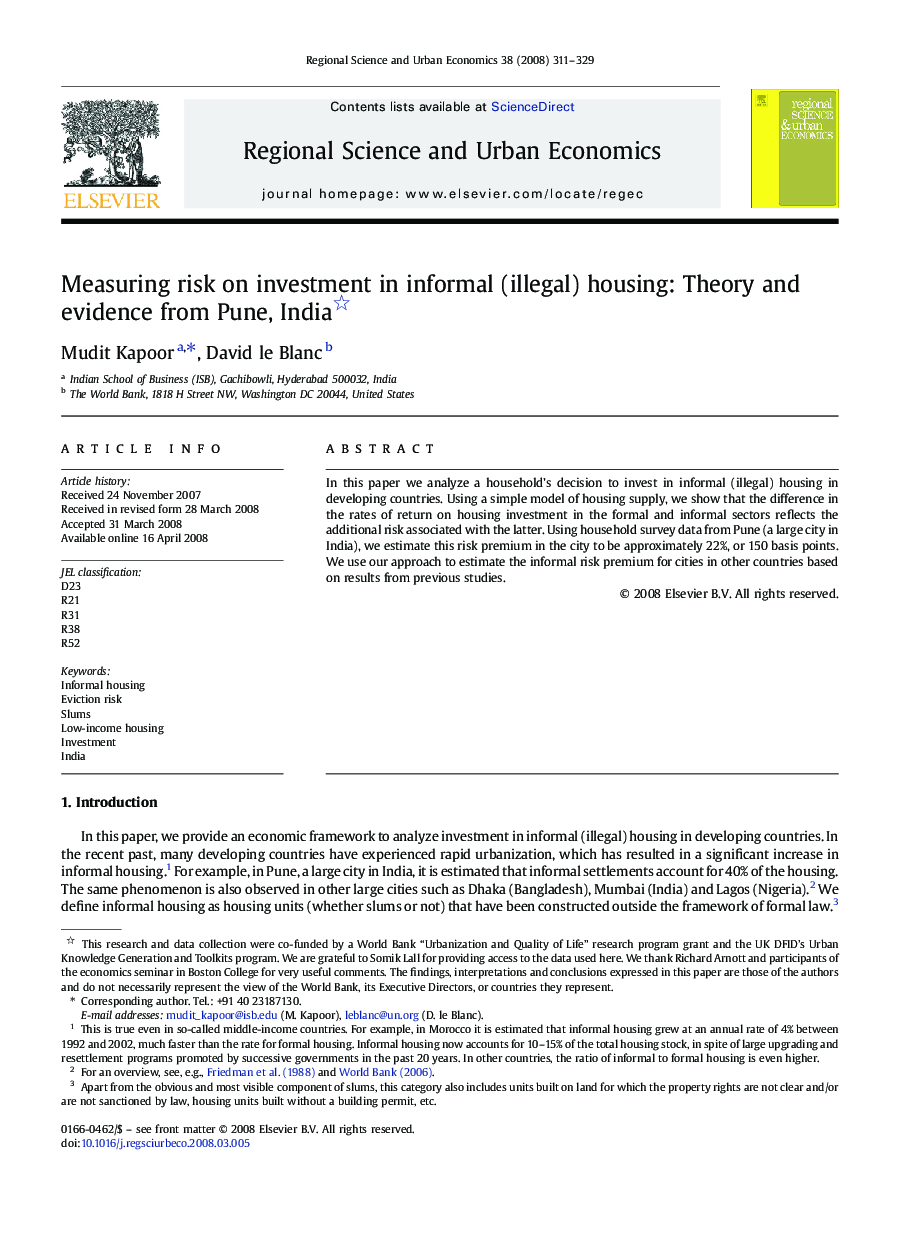 Measuring risk on investment in informal (illegal) housing: Theory and evidence from Pune, India 