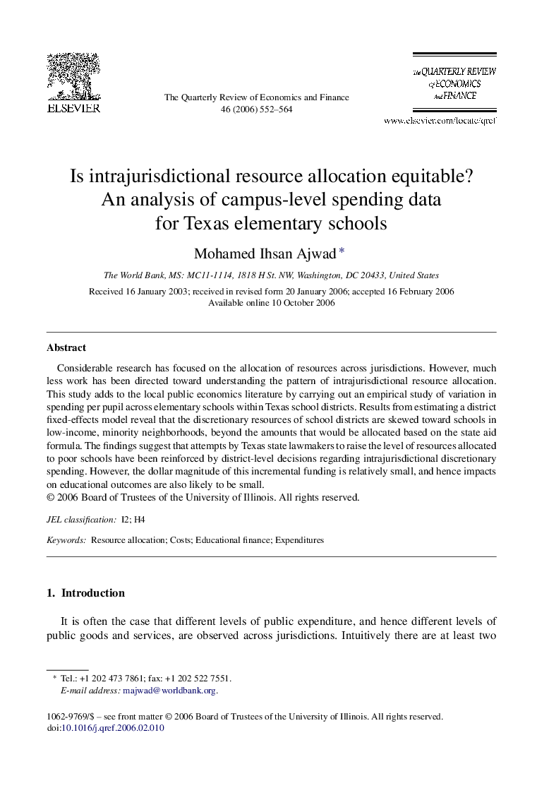 Is intrajurisdictional resource allocation equitable?: An analysis of campus-level spending data for Texas elementary schools