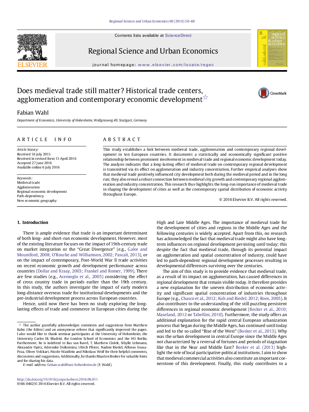 Does medieval trade still matter? Historical trade centers, agglomeration and contemporary economic development