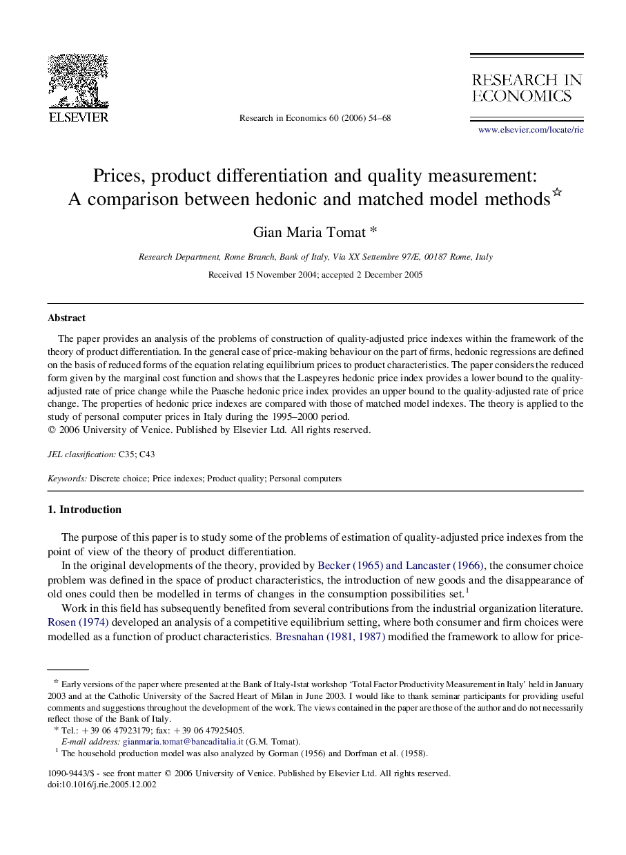 Prices, product differentiation and quality measurement: A comparison between hedonic and matched model methods 