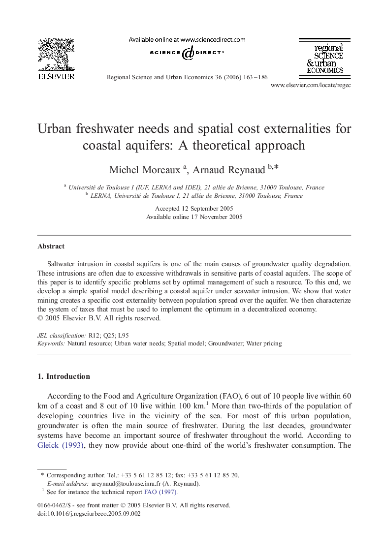 Urban freshwater needs and spatial cost externalities for coastal aquifers: A theoretical approach