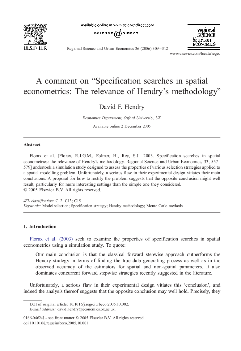 A comment on “Specification searches in spatial econometrics: The relevance of Hendry's methodology”