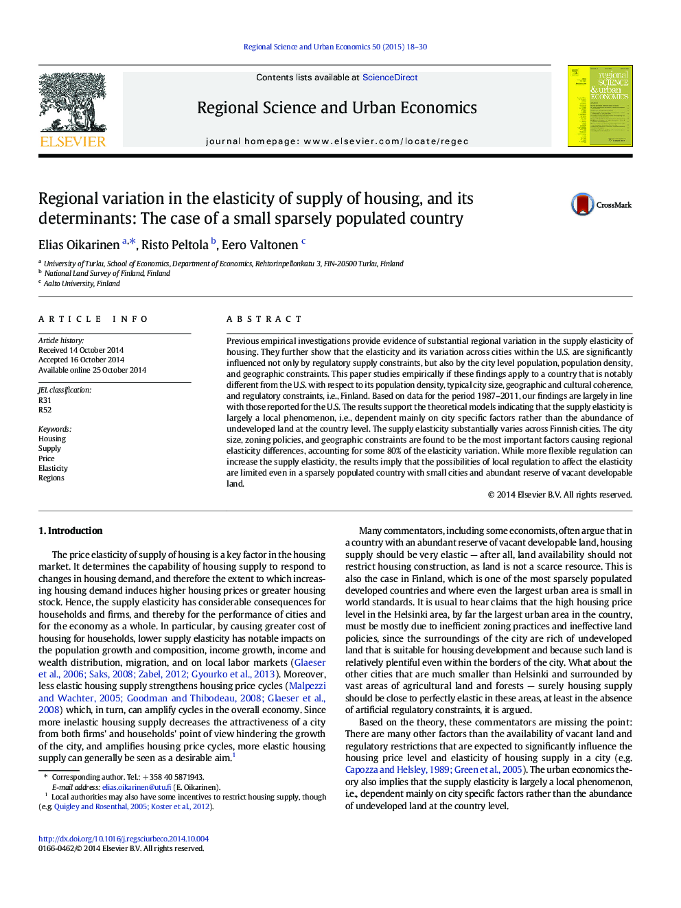 Regional variation in the elasticity of supply of housing, and its determinants: The case of a small sparsely populated country