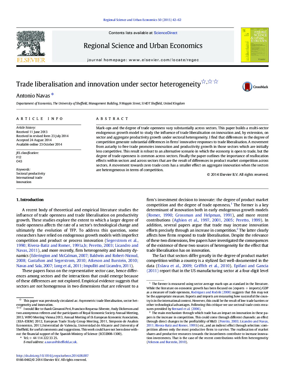 Trade liberalisation and innovation under sector heterogeneity 