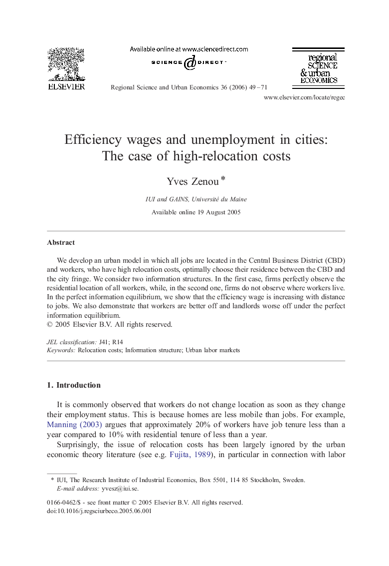 Efficiency wages and unemployment in cities: The case of high-relocation costs