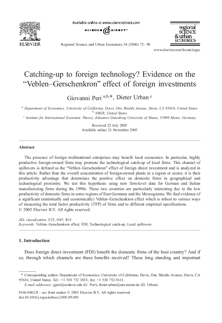 Catching-up to foreign technology? Evidence on the “Veblen–Gerschenkron” effect of foreign investments