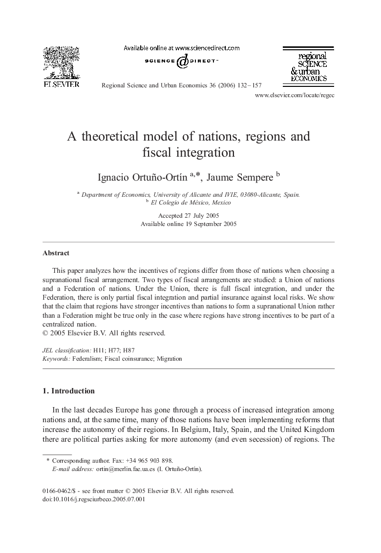 A theoretical model of nations, regions and fiscal integration