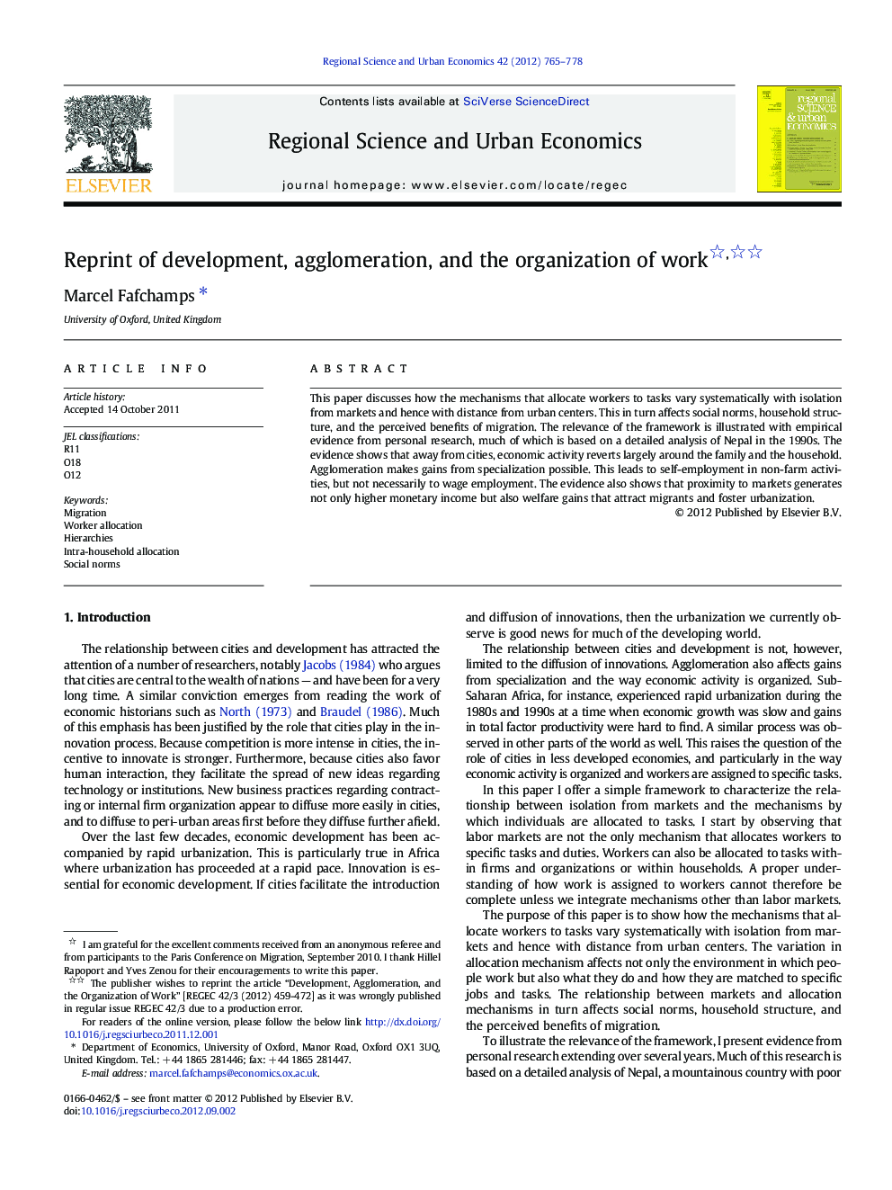 Reprint of development, agglomeration, and the organization of work 