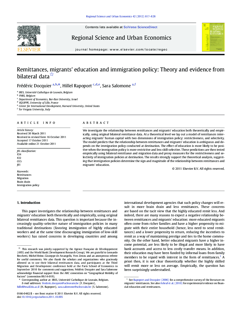 Remittances, migrants' education and immigration policy: Theory and evidence from bilateral data 