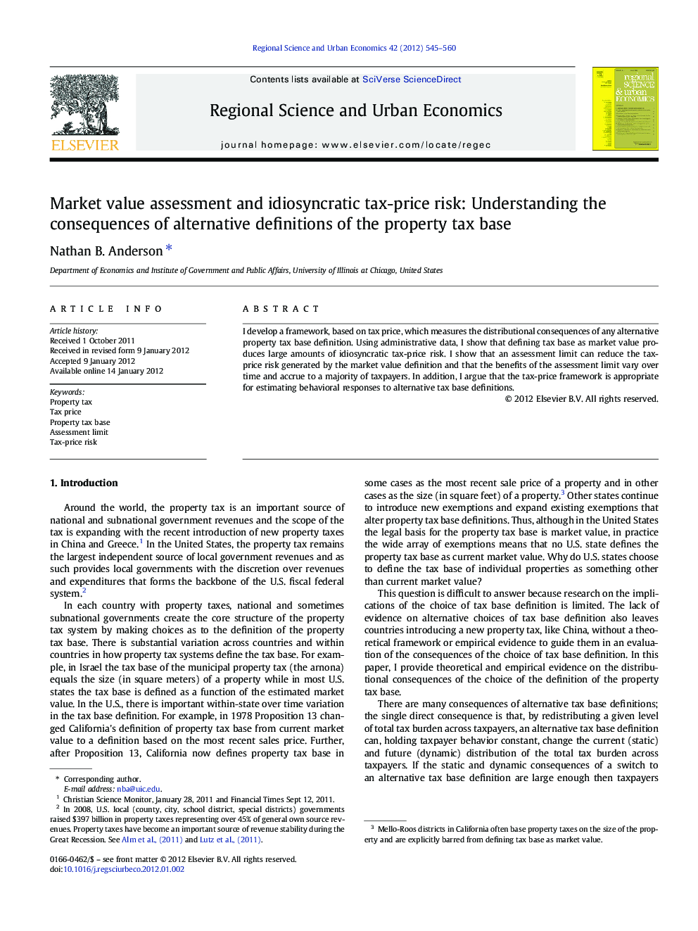 Market value assessment and idiosyncratic tax-price risk: Understanding the consequences of alternative definitions of the property tax base
